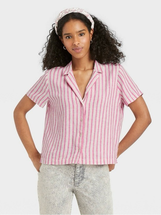 Universal Thread Tops - Universal Thread Linen Pink White Striped Short Sleeve Button Shirt Plus 2X NWT